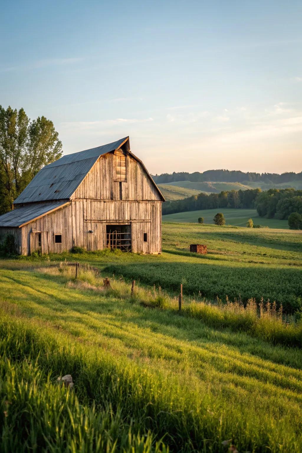 A barn covered in reclaimed wood siding presents a warm, rustic feel.