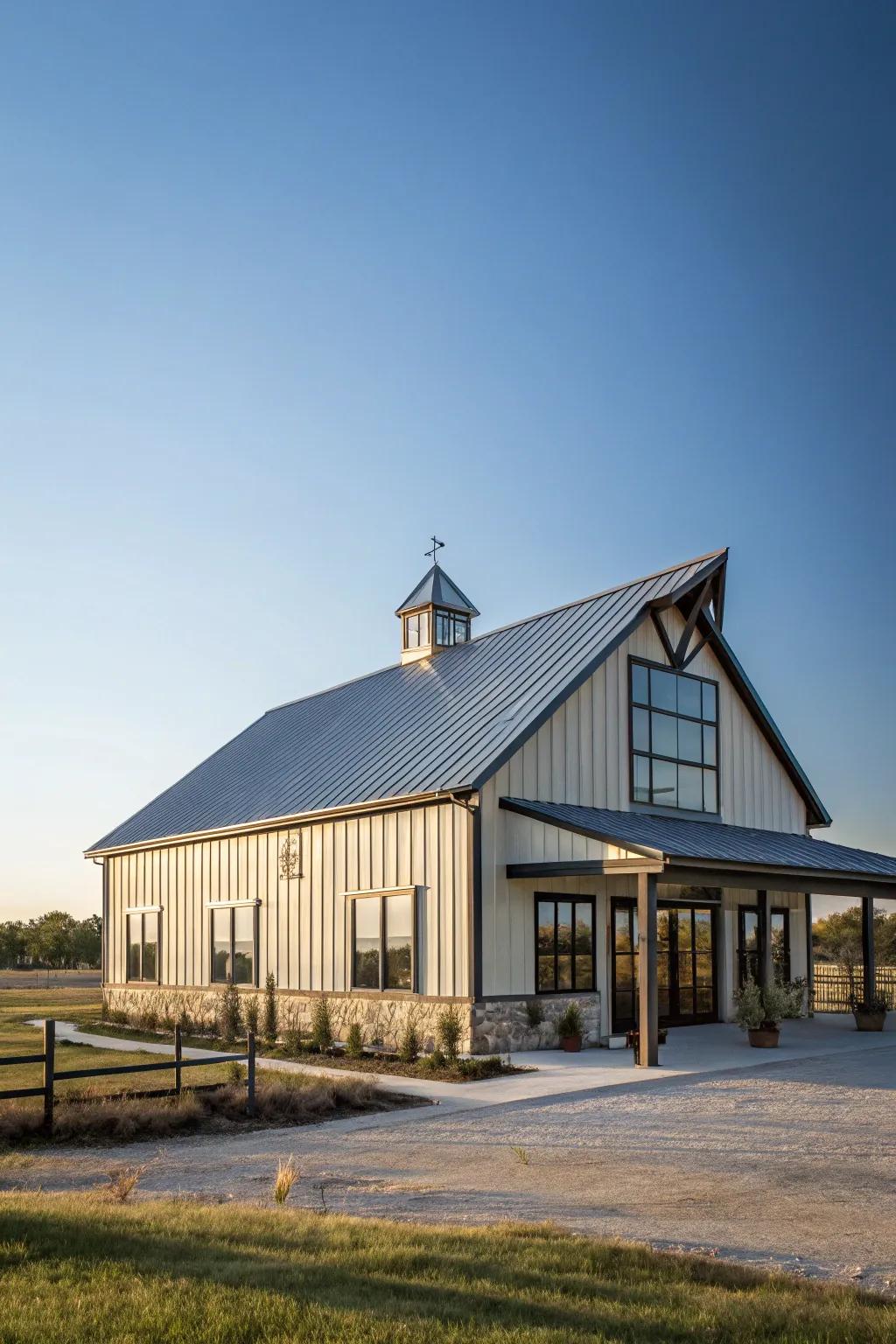 A steep gable roof adds classic charm to this barndominium.