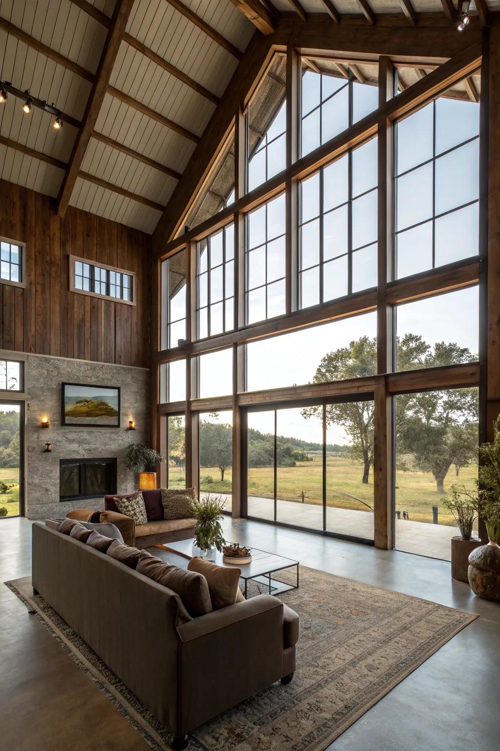 Inherent illumination streams through expansive windows in this radiant barndominium.