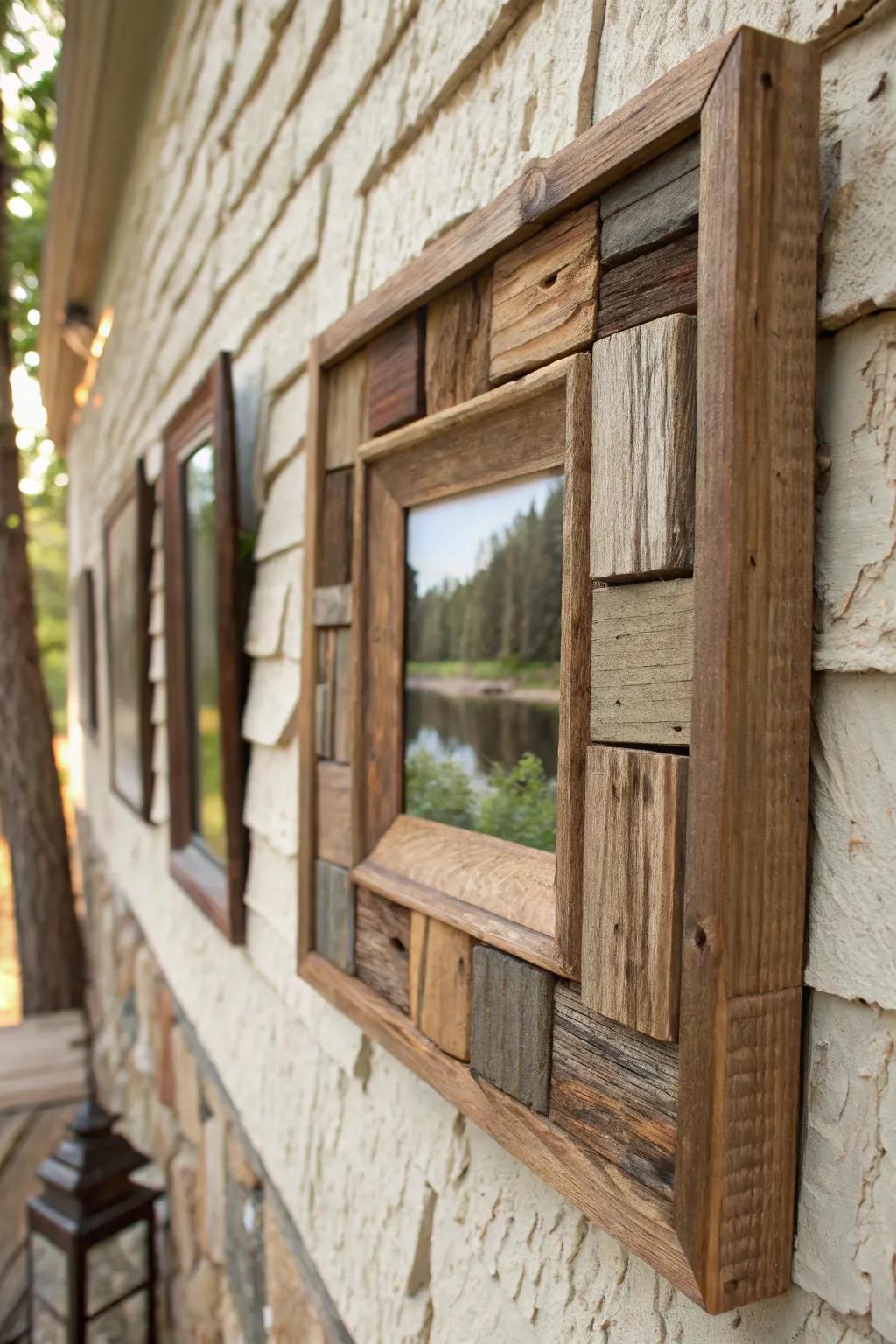 An unconventional reclaimed wood frame with a layered design.