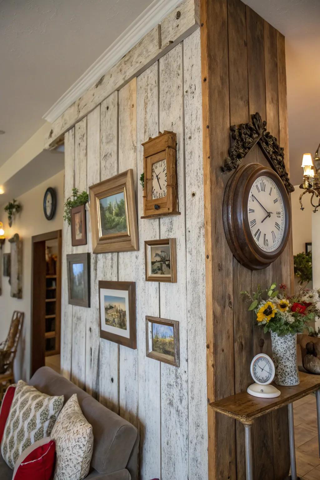 Decorative components enriching a barnwood wall.