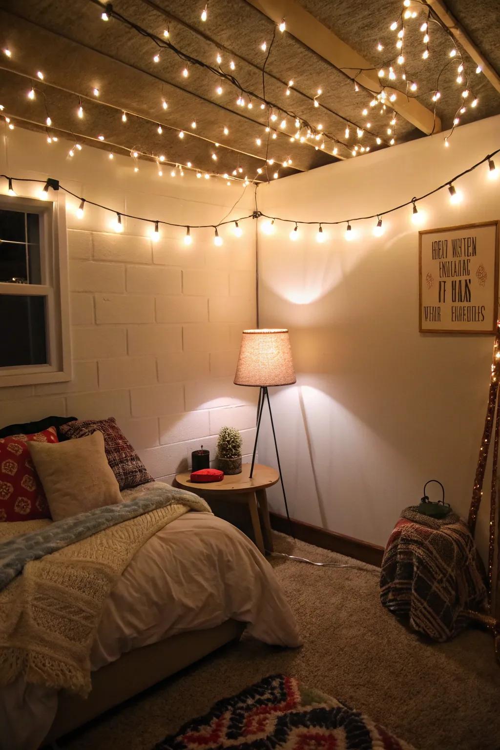 Beaded strands and delicate lamps impart a warm atmosphere to this basement bedroom.
