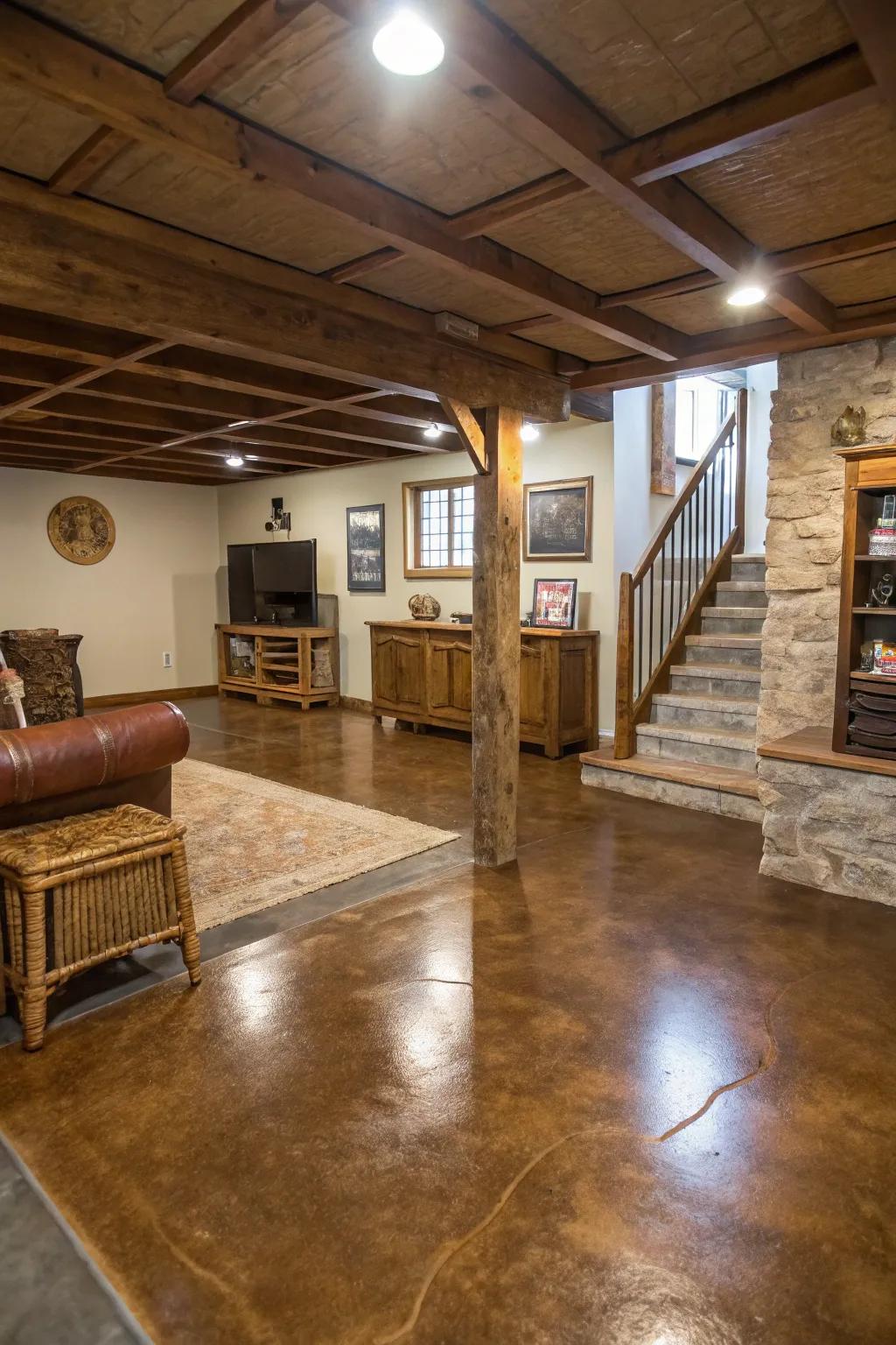 Custom staining adds richness and color to concrete floors, enhancing rustic decor.
