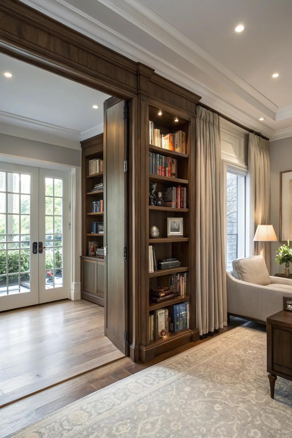 A hidden door within a bookshelf provides a unique and space-efficient entry to the basement.
