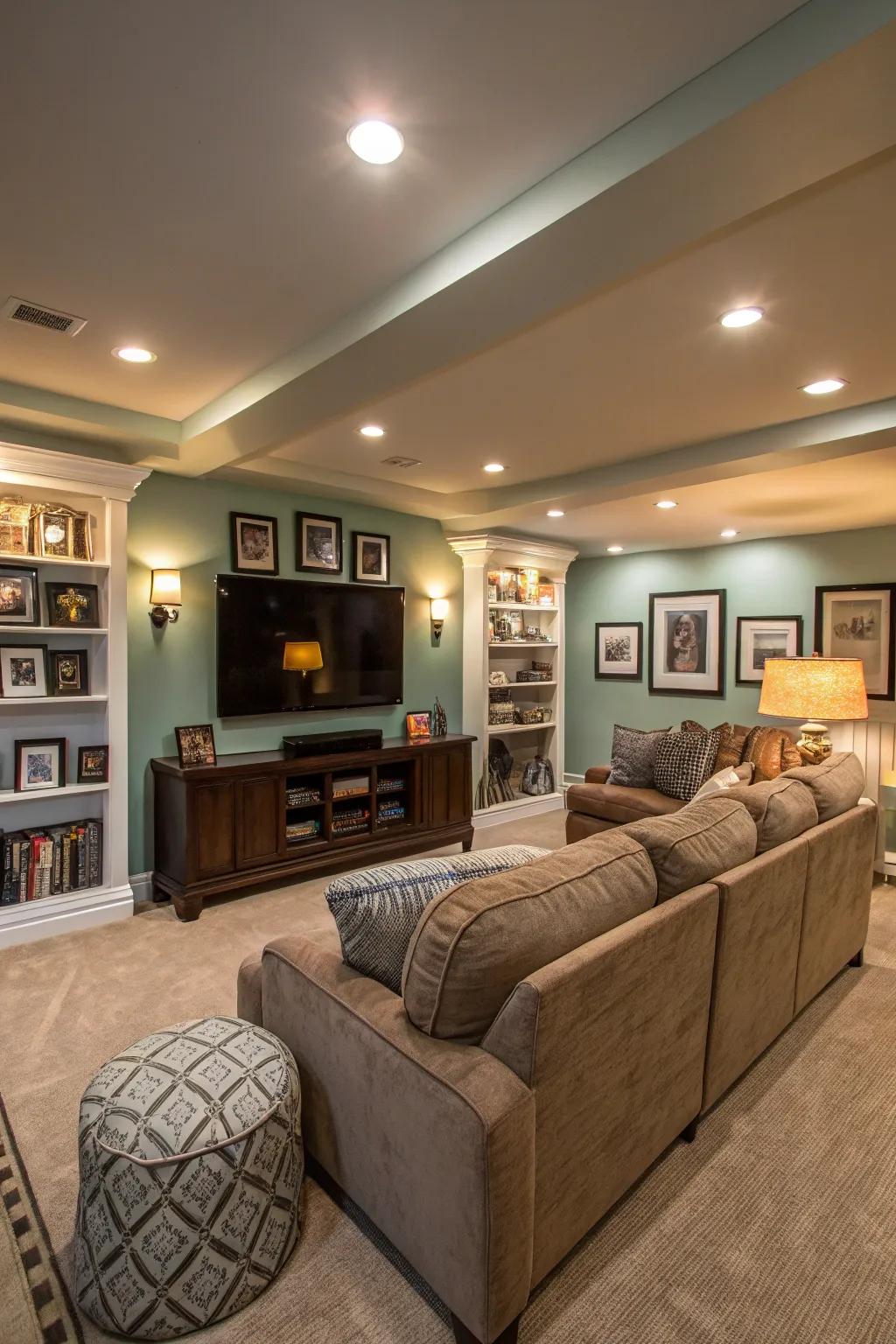 Layered lights brighten and warm this chic basement area.