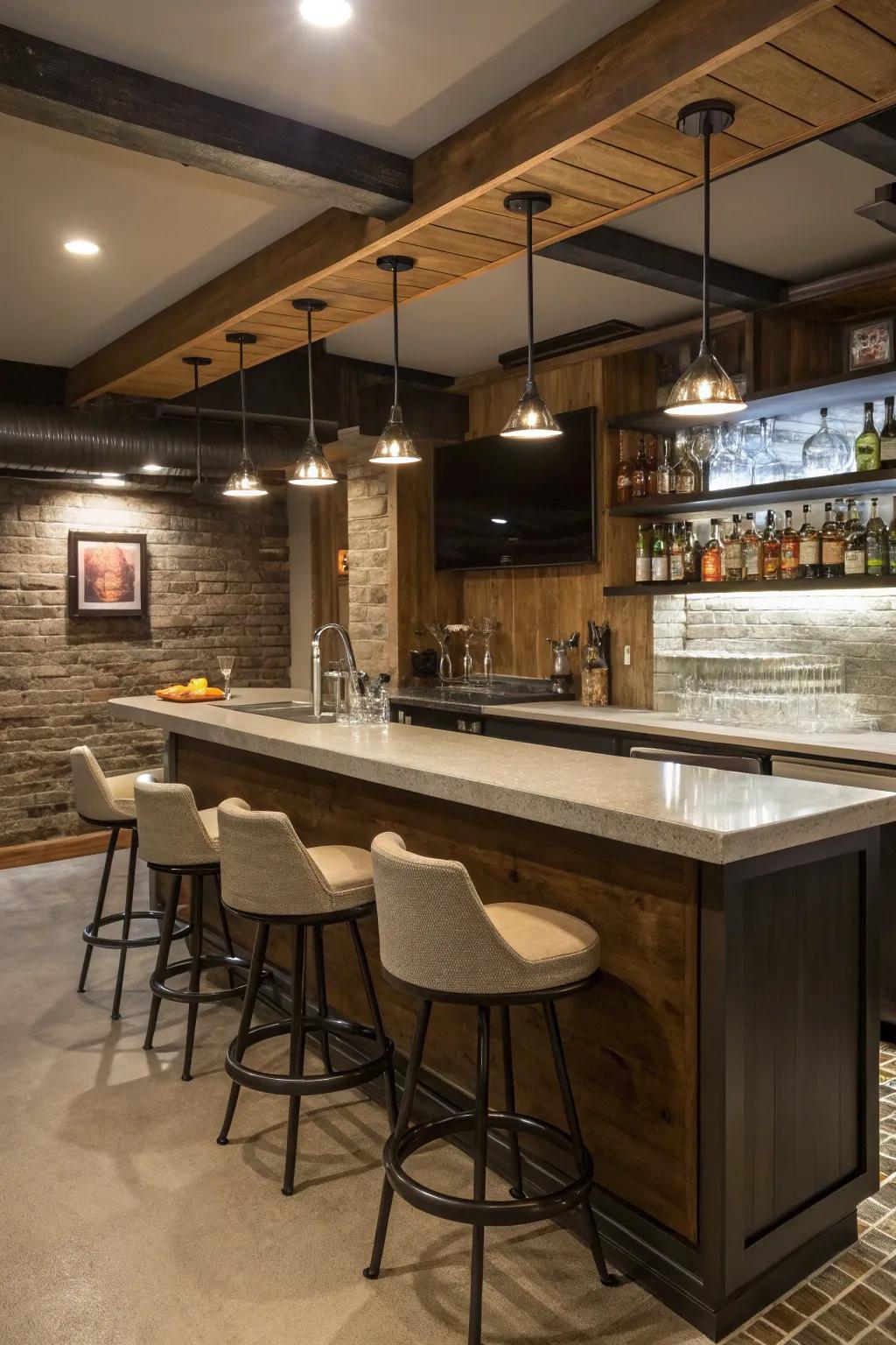 An elegant wet bar is situated in the basement, highlighted by sleek surfaces and encompassing lighting.