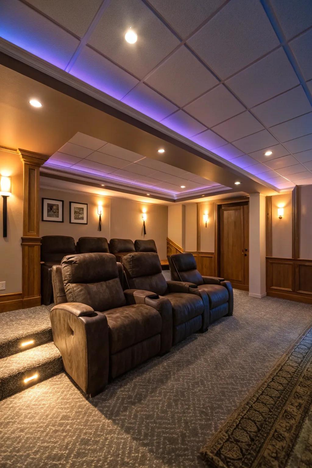 Ambient lighting amplifies the feel and visual allure of your bespoke home theater.