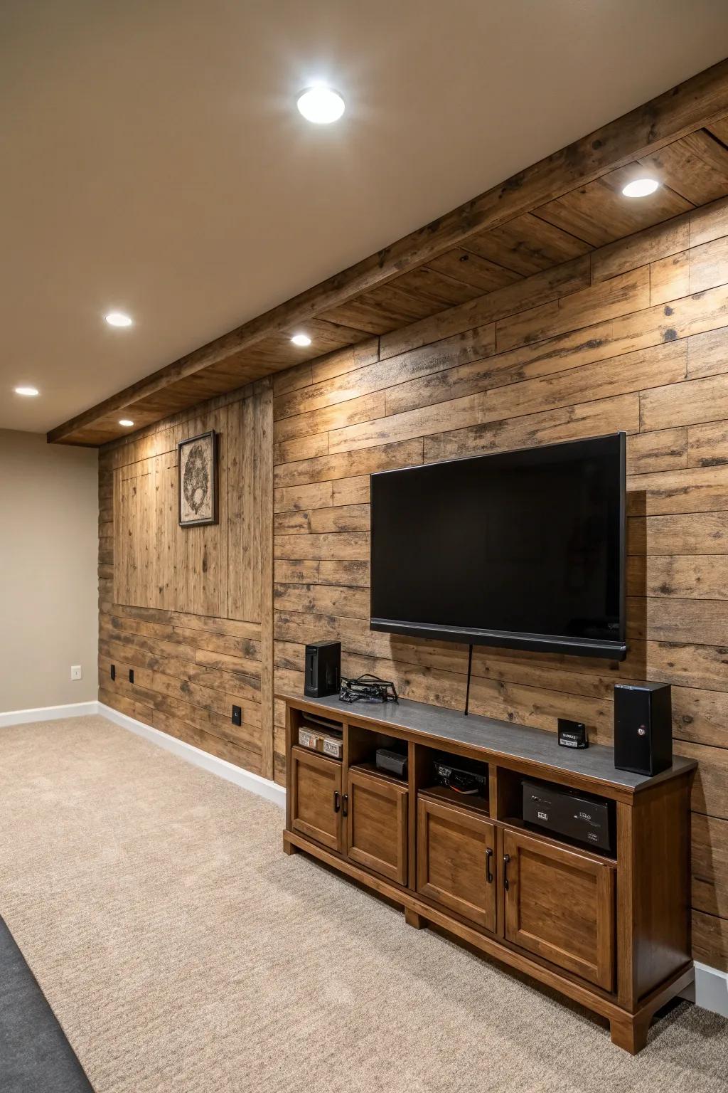 A basement TV feature showcasing a structured timber highlight partition that infuses comfort and uniqueness into the space.