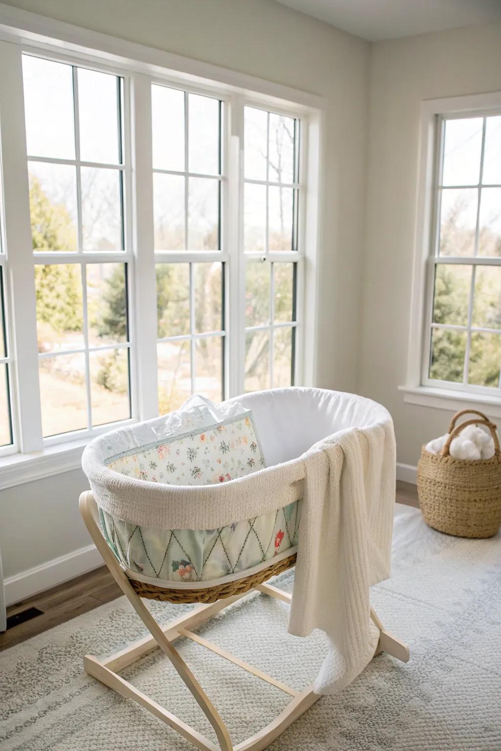 A minimalist bassinet enriching a modern nursery theme.