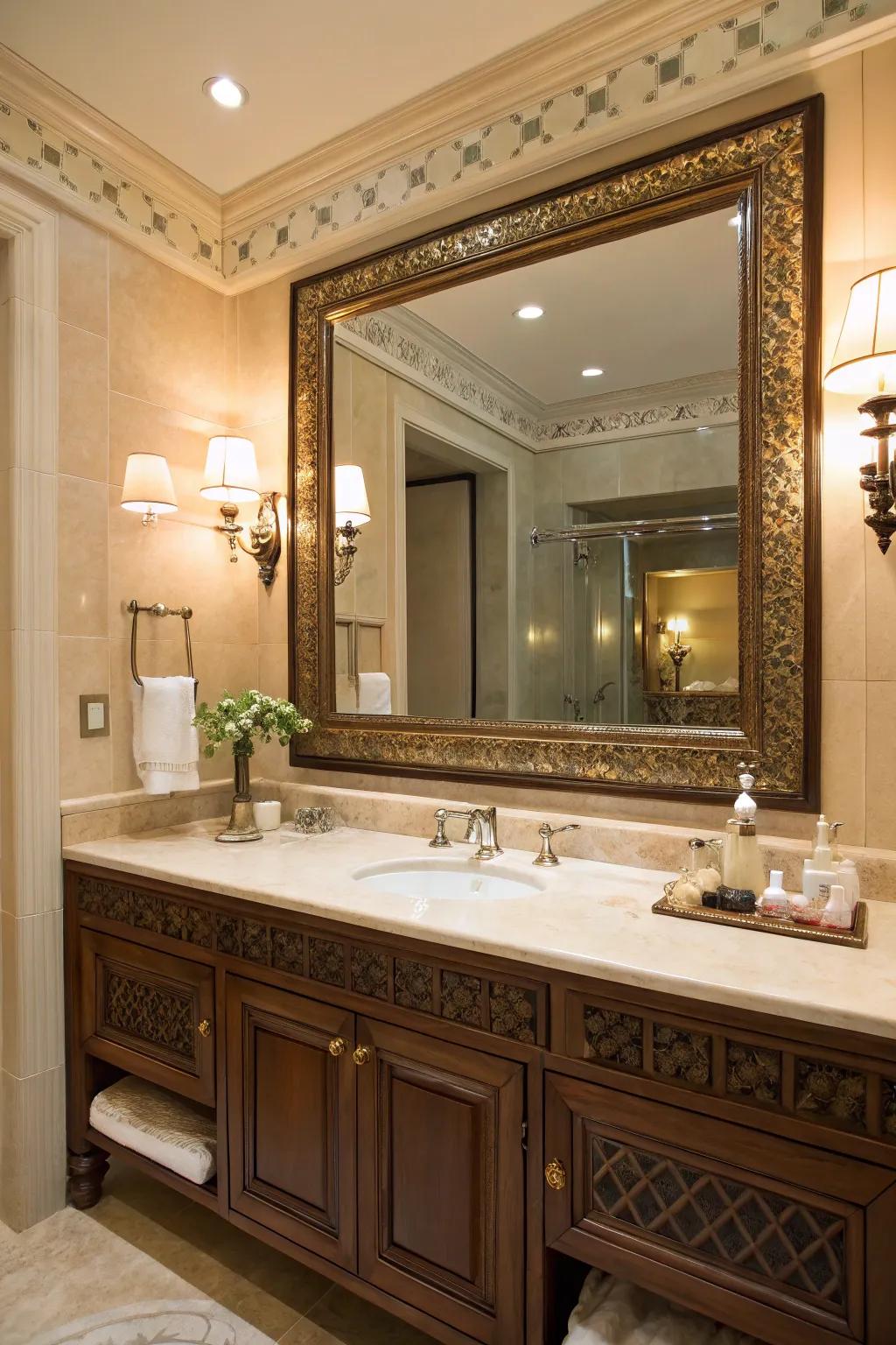 A statement mirror introduces dimension and refinement to any bathroom setting.