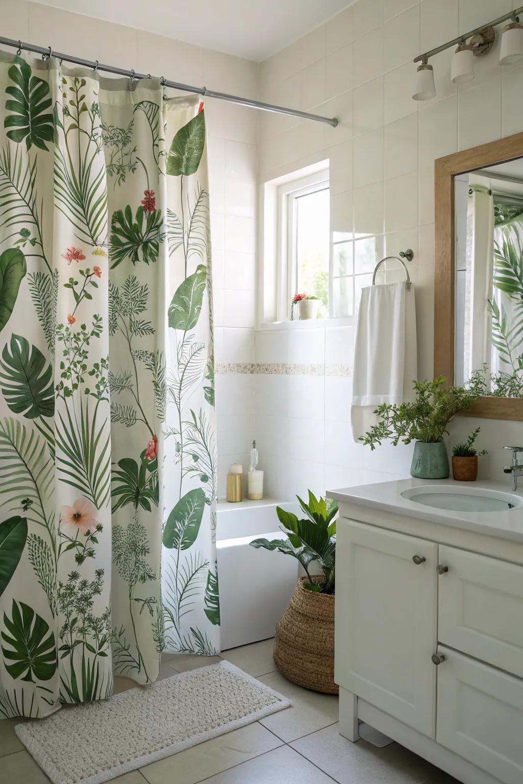 Herbaceous prints fashion a revitalizing, nature-inspired ambiance inside your restroom.
