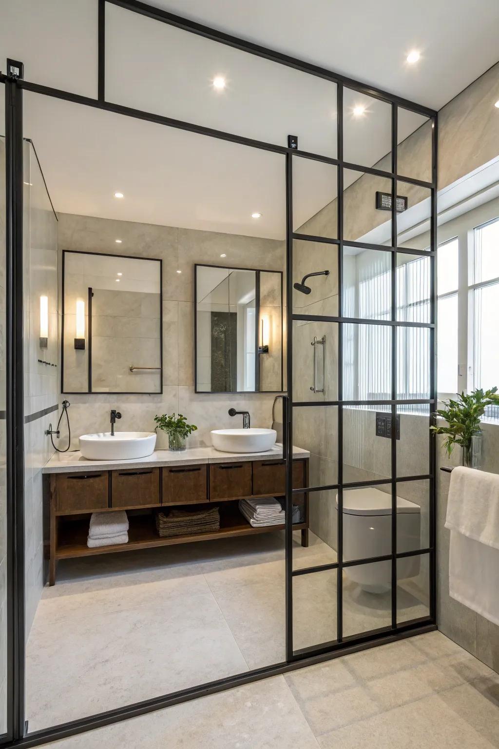Industrial metal frames add a modern touch to bathroom spaces.