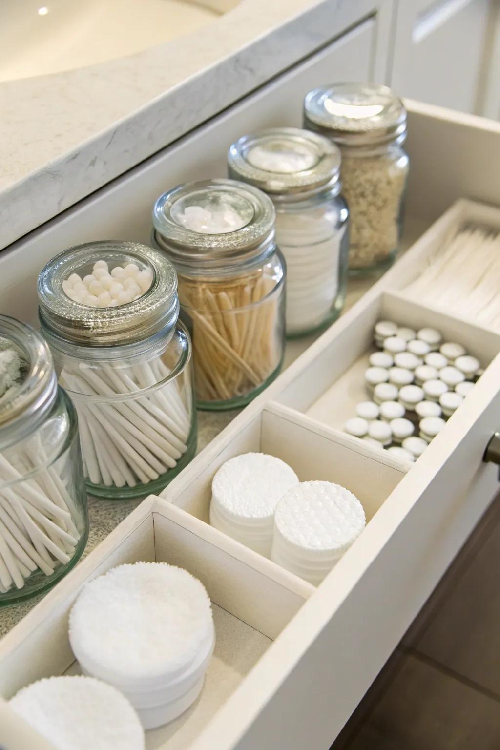 Vertical storage with jars adds charm and efficiency.