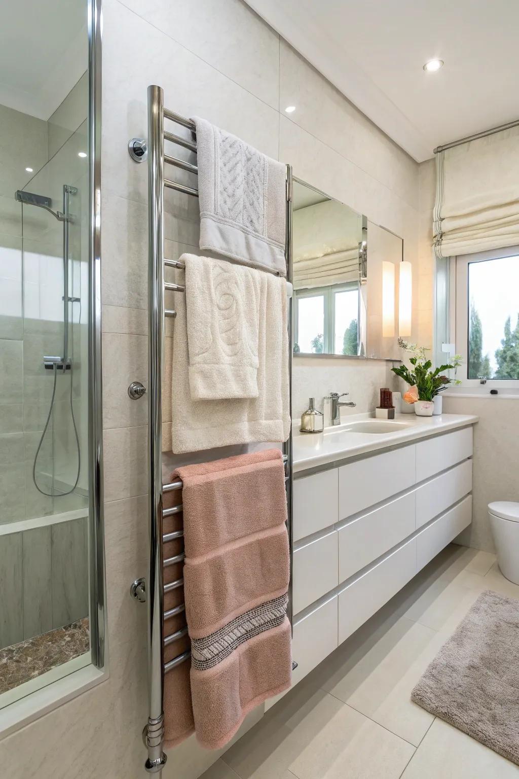 Layered towels on a bar add both function and style to your bathroom.