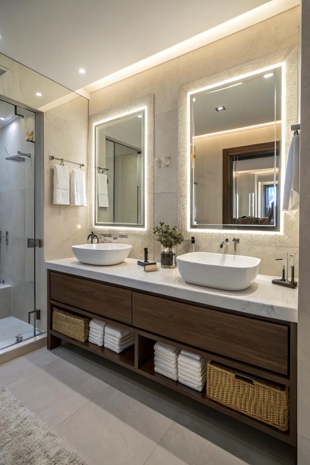 Backlit mirrors bring elegance and soft illumination to the vanity area.