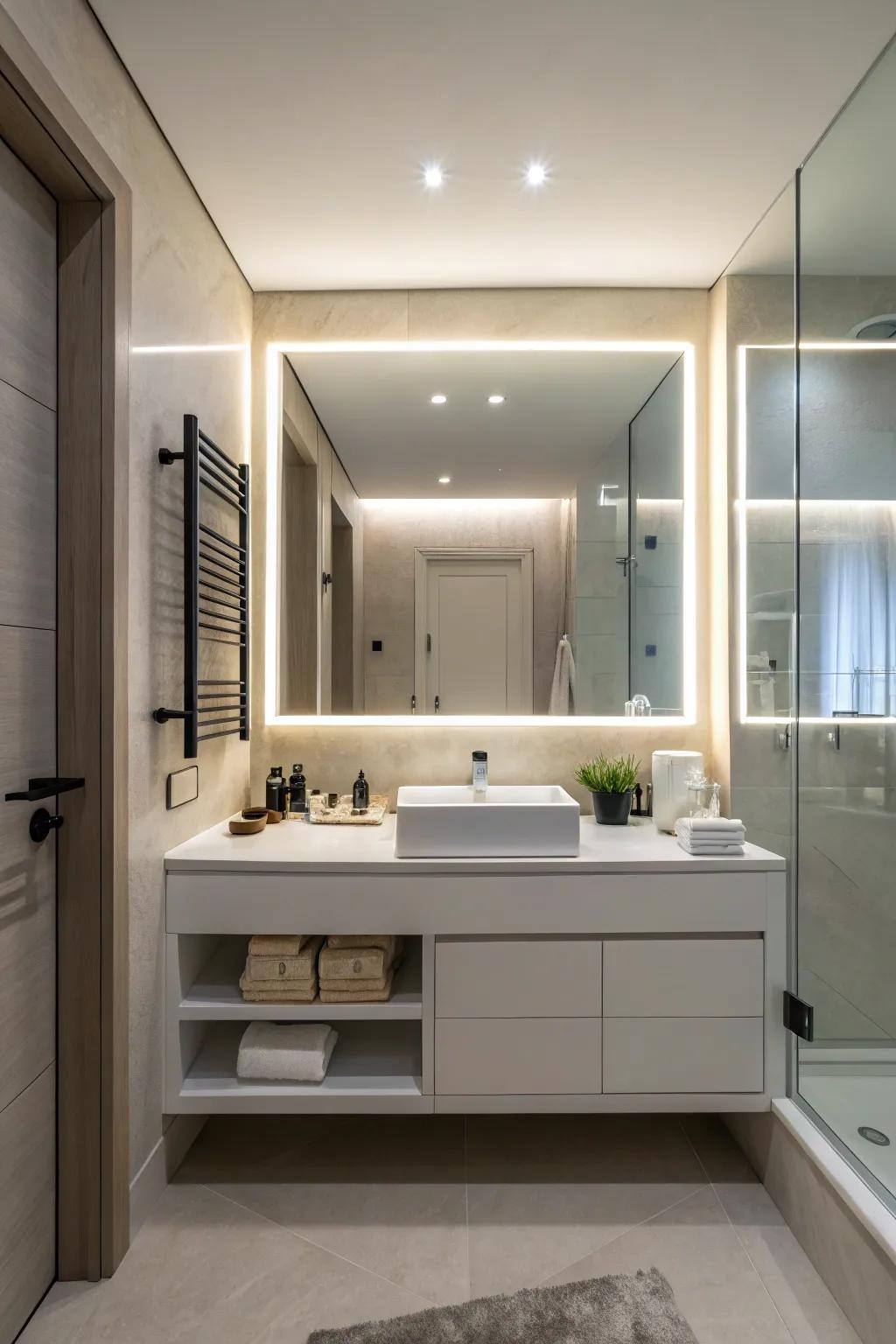 Backlit mirrors infuse a peaceful ambiance into your bathroom.