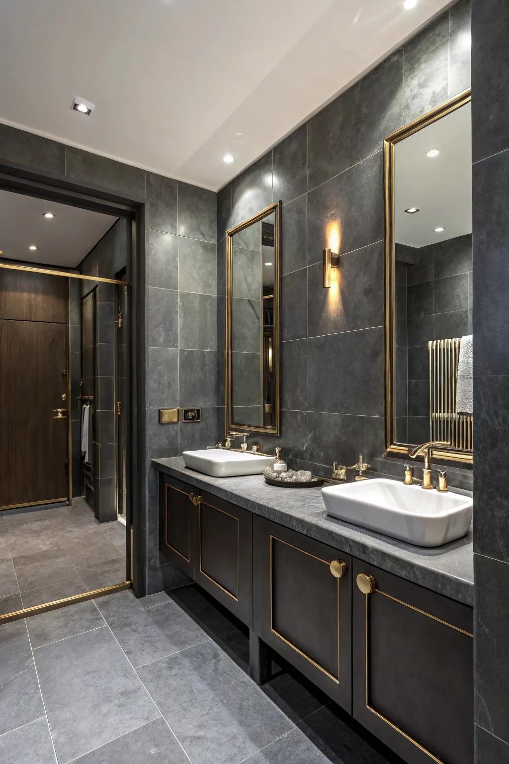 Dark gray gives a stylish touch to the bathroom.