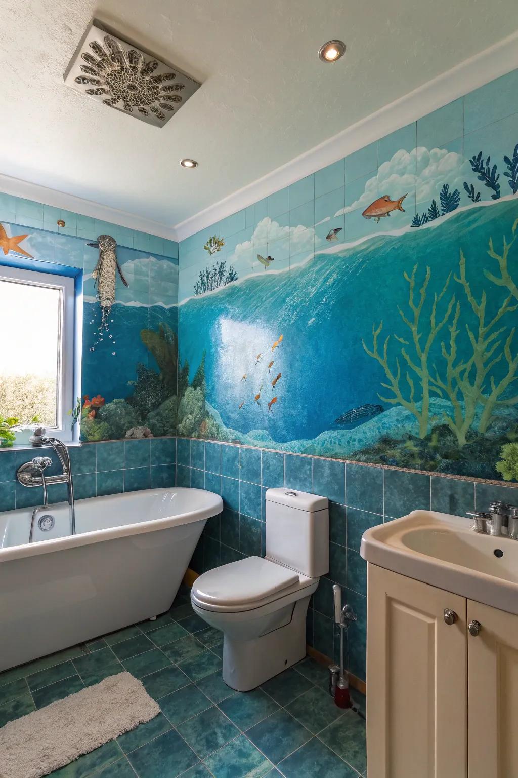 An underwater-themed bathroom with sea-inspired wall design.