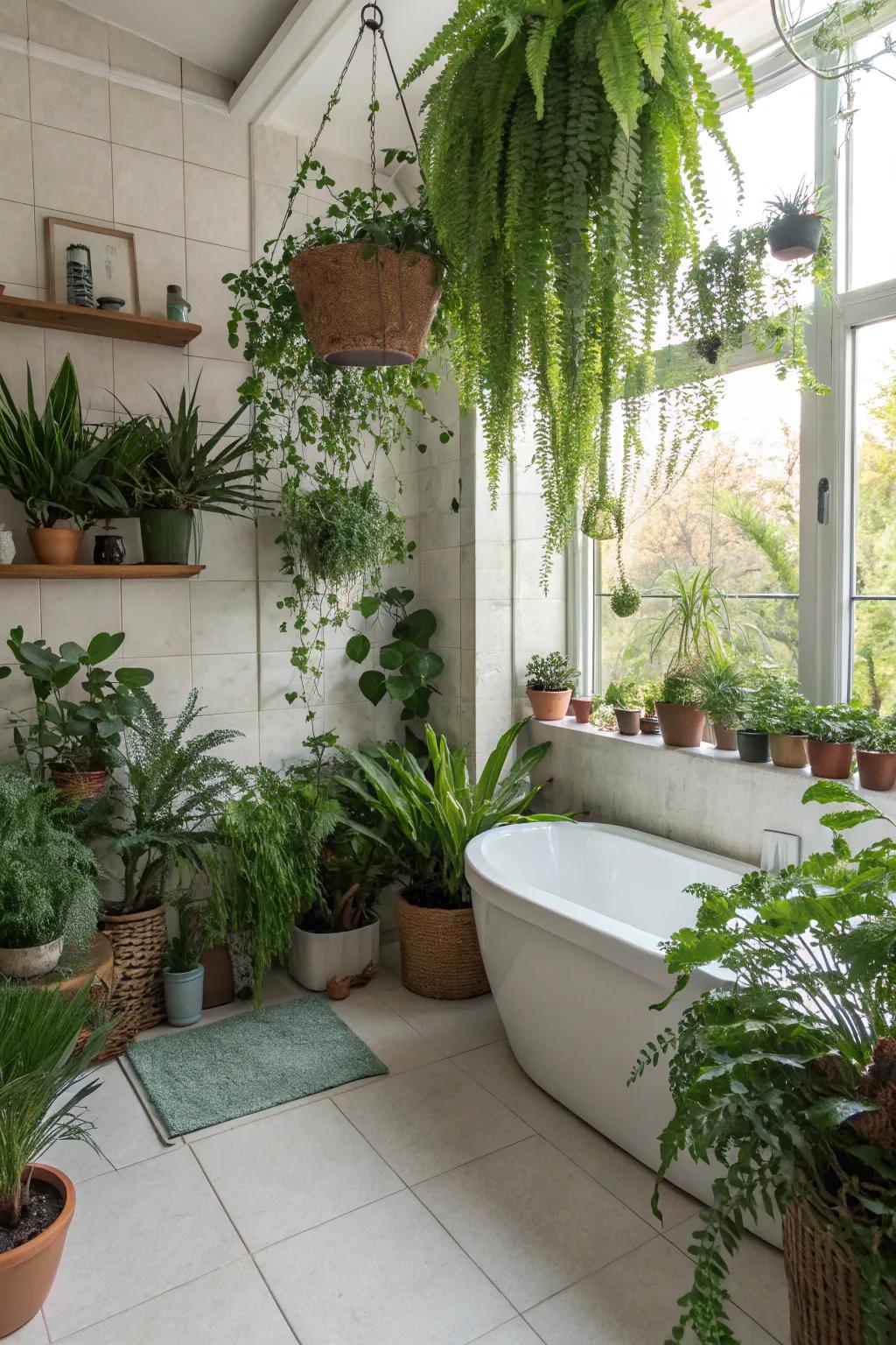 A bathroom haven with lush greenery bringing nature indoors.