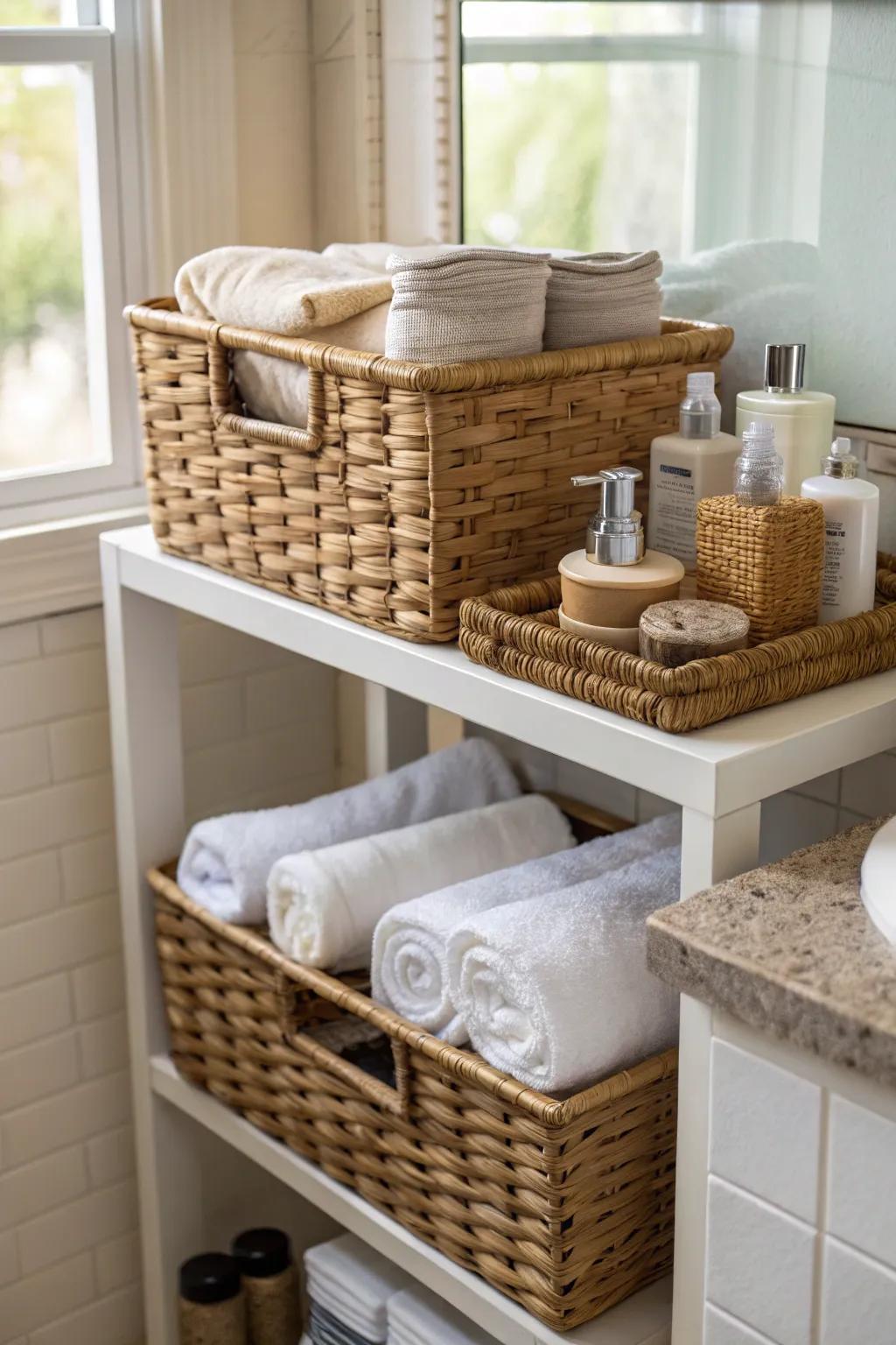 Woven baskets enhance texture and practicality.