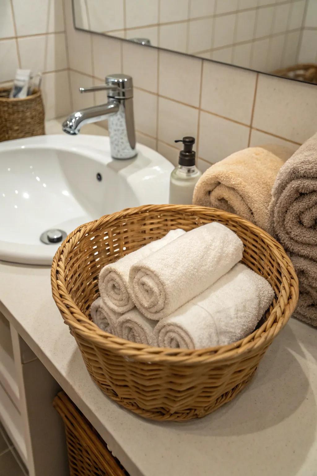 Baskets provide a rustic and practical towel storage solution.