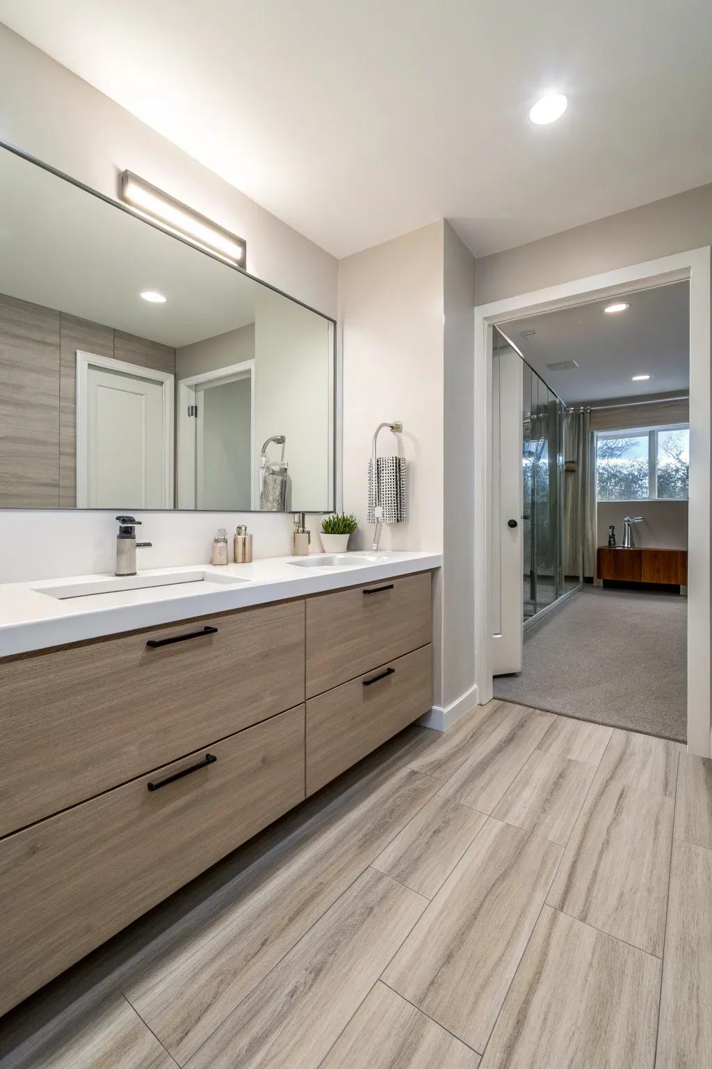 Minimalist resilient flooring establishes a pristine and contemporary bathroom design.