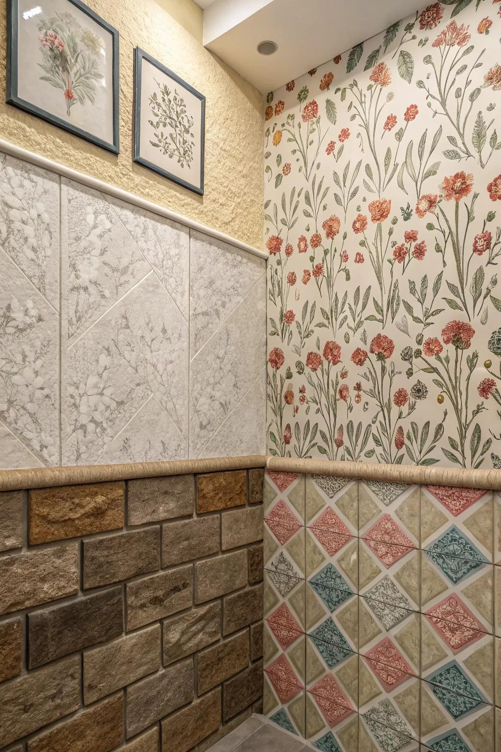 A mix of textures and patterns adds visual intrigue to bathroom walls.