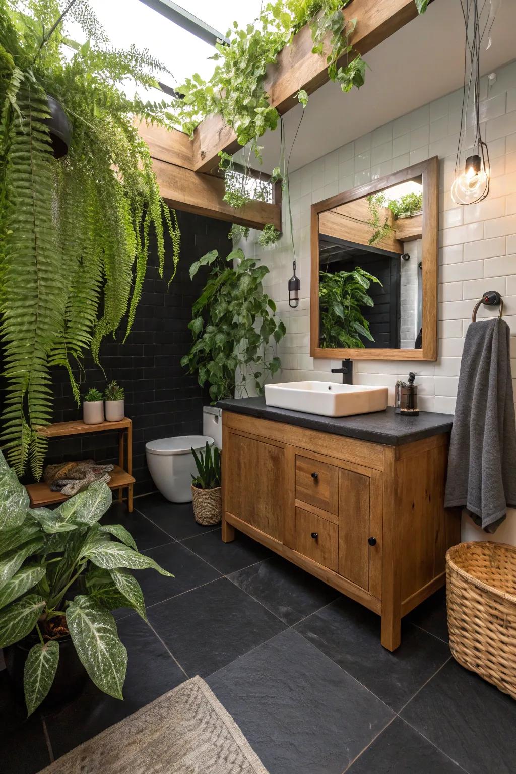 Wood accents soften the boldness of a black floor, creating a cozy atmosphere.