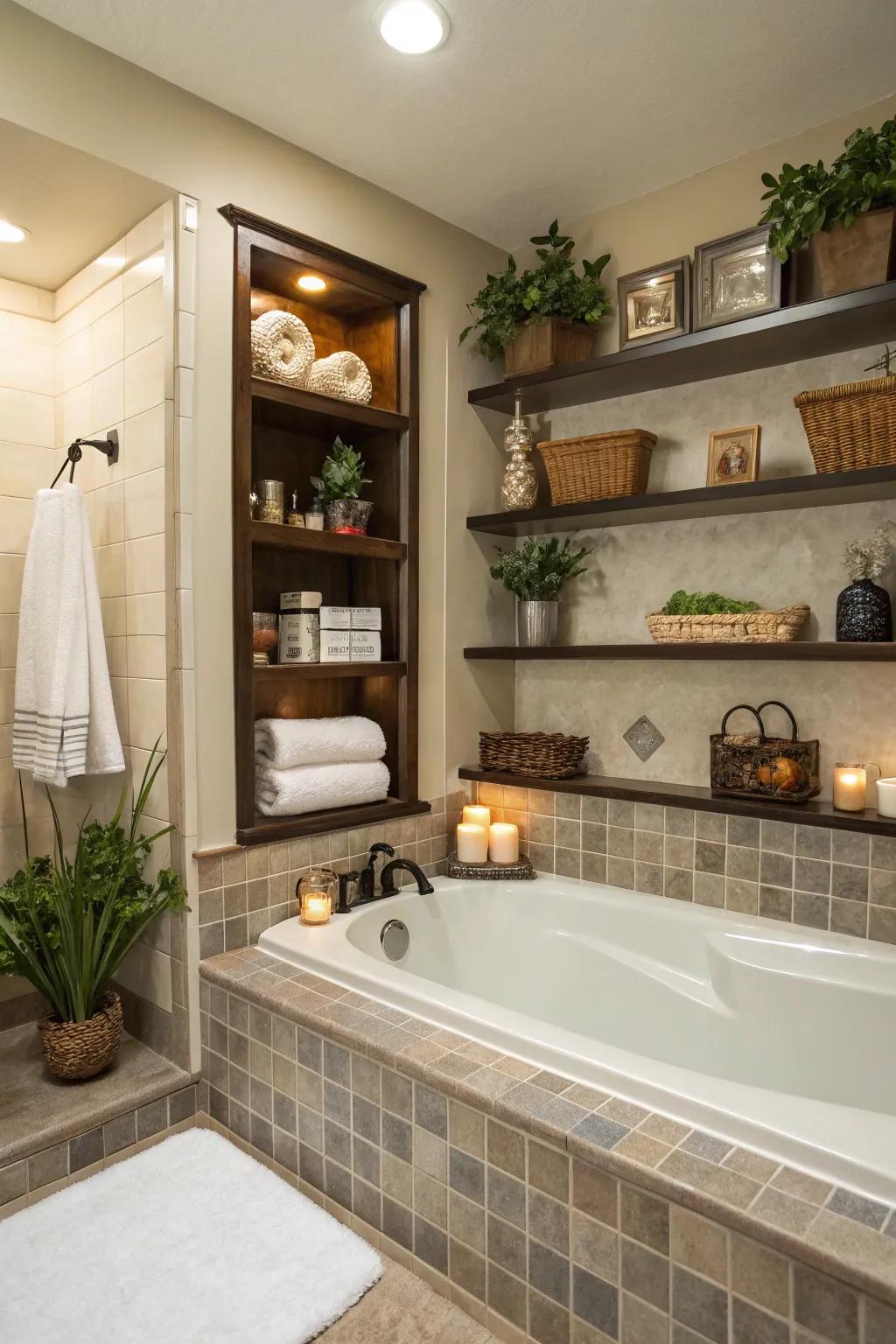Integrated shelves add elegance and practicality to your bathtub area.