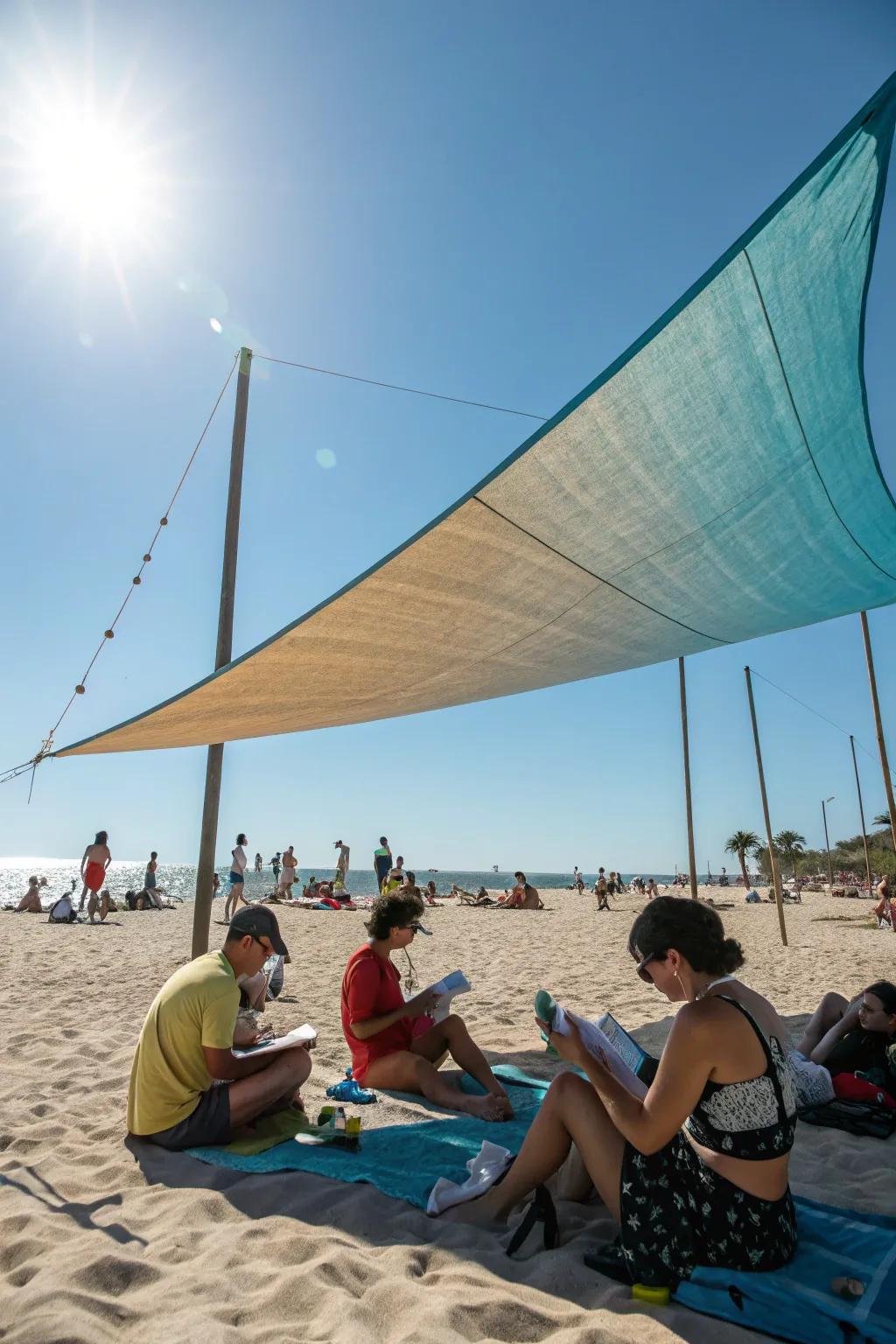 Fabric shade sails bring a combination of elegance and protection to the beach setting.