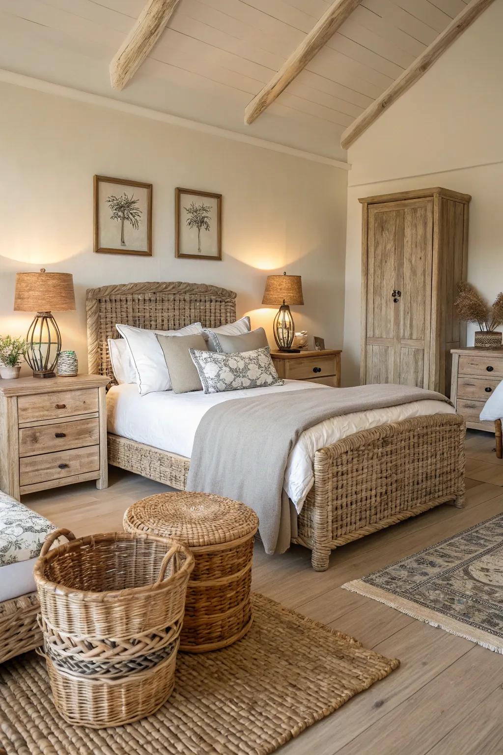 Organic materials such as driftwood and wicker create an inviting coastal vibe.