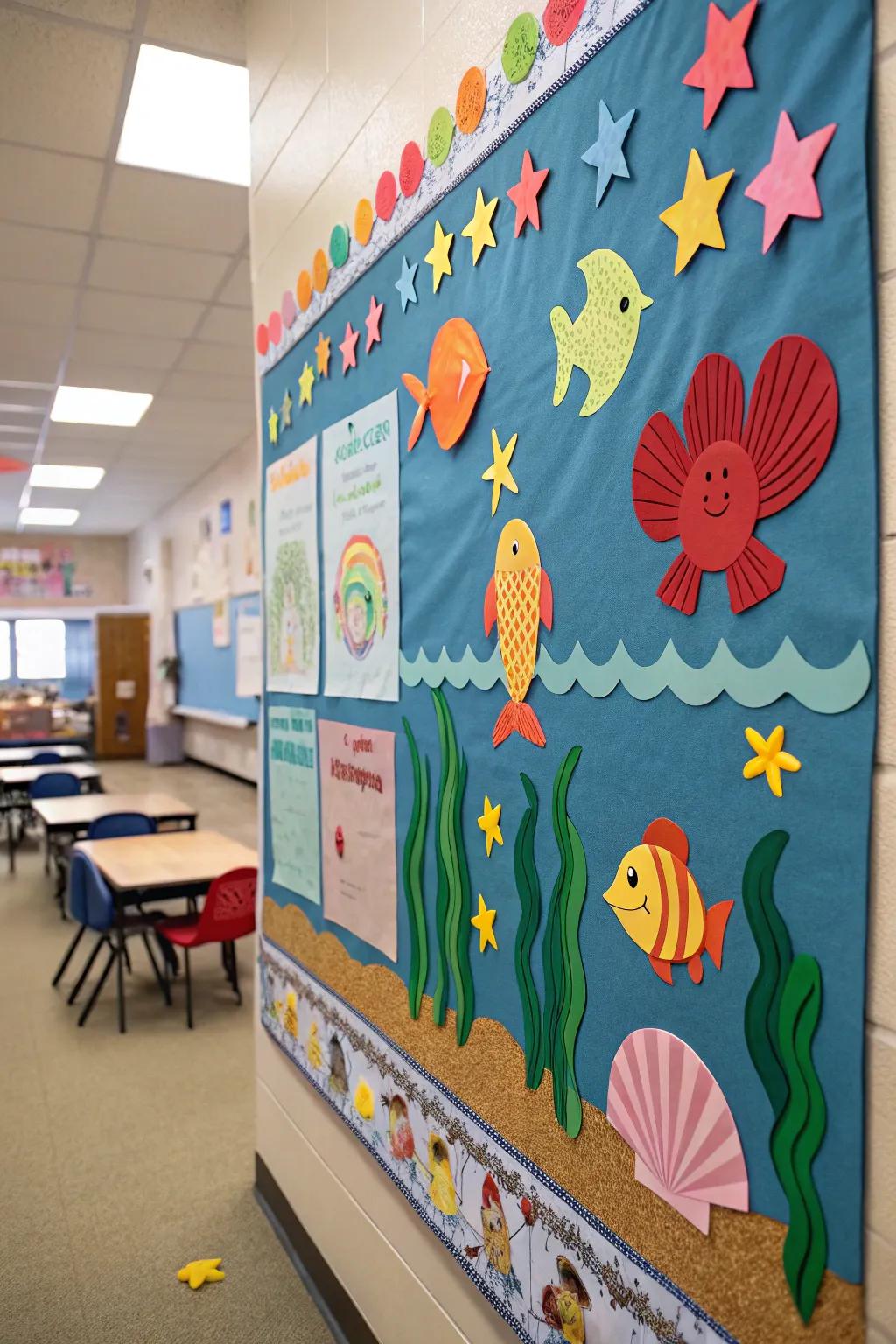 An oceanic bulletin board immerses the classroom in the enchanting world beneath the waves.