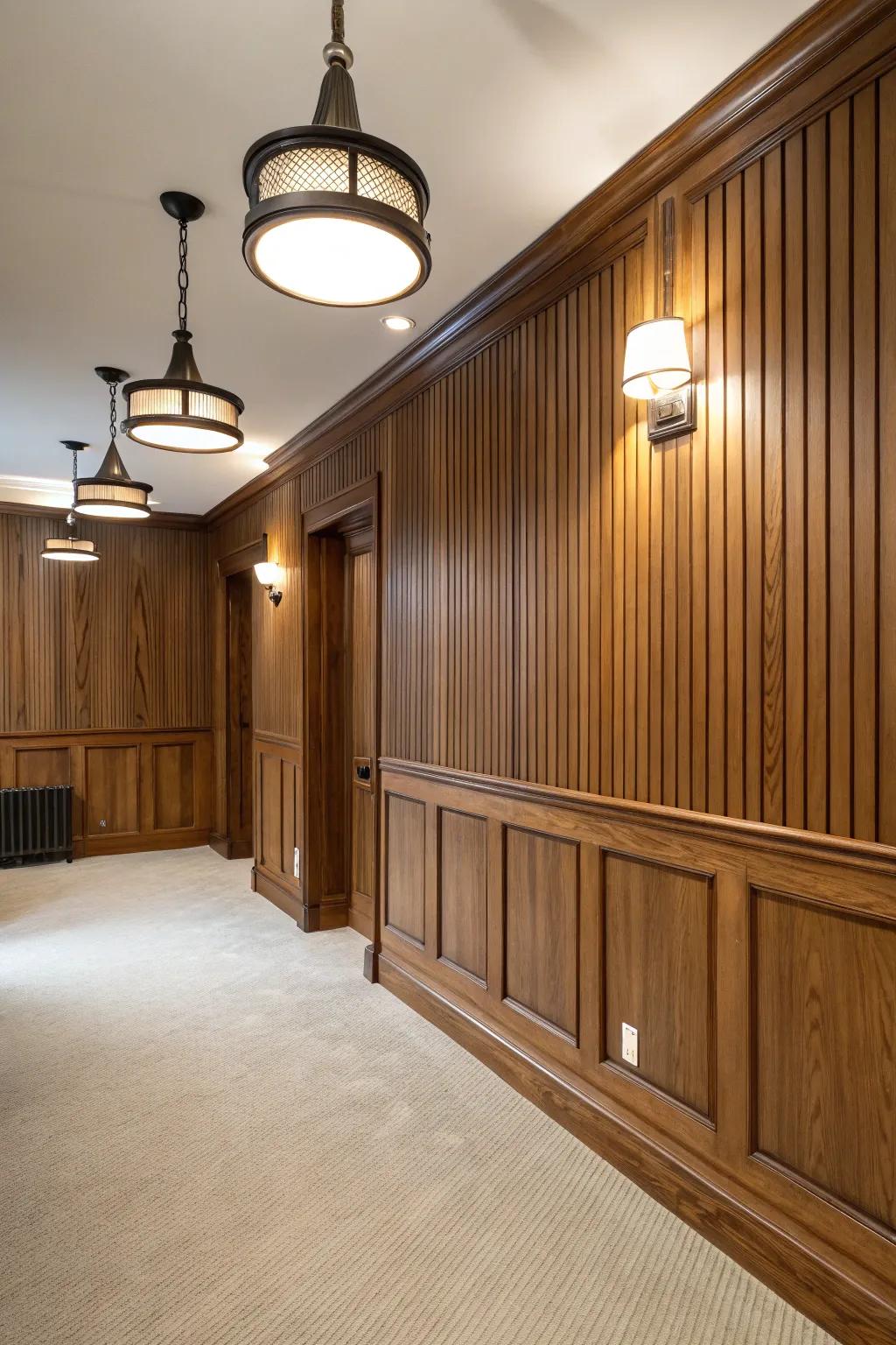 A fashionable mix: vintage beadboard paired with cutting-edge illumination.