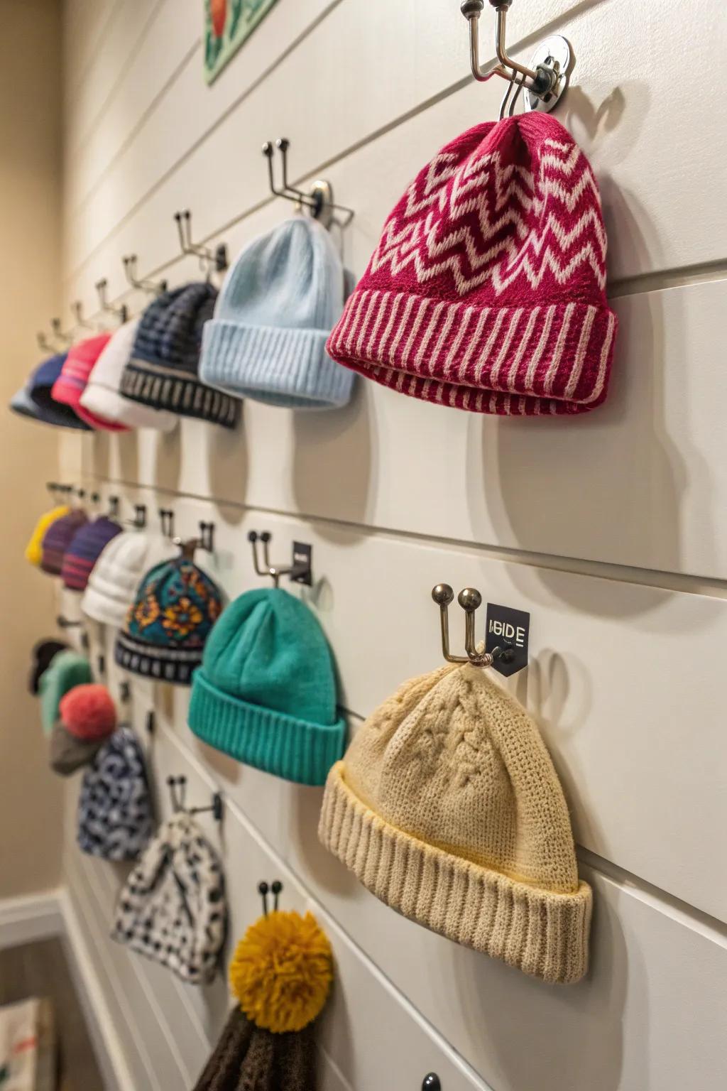 Wall fasteners offer a practical yet elegant way to exhibit your beanies, turning function into an art form.