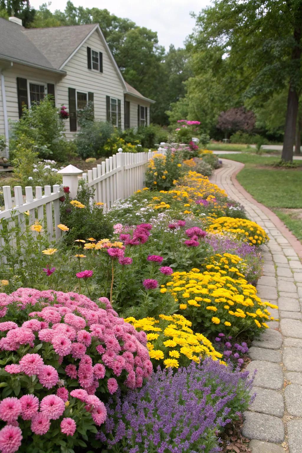 A burst of color from lively flowers in a front garden.