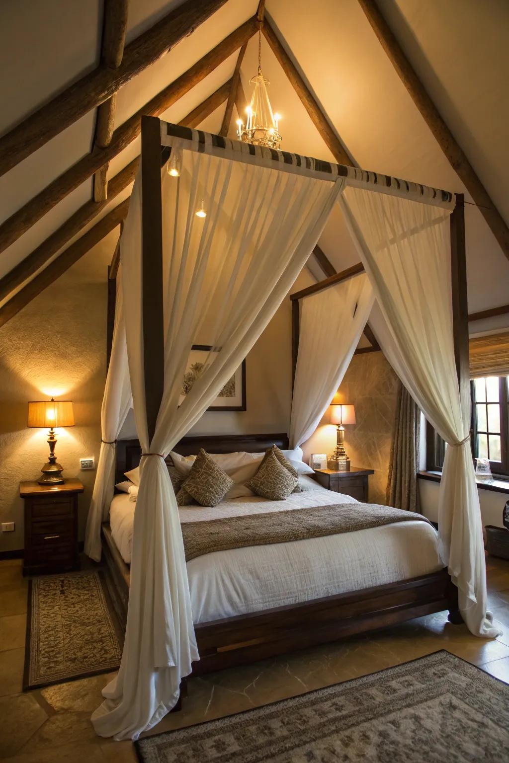 A canopy suspended from the ceiling's apex creates a refined centerpiece.