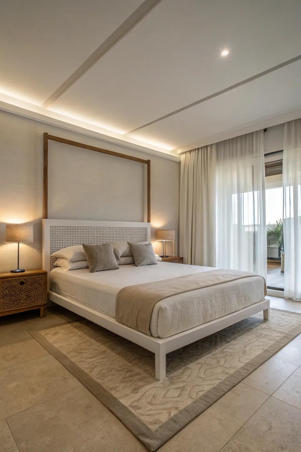 An understated bed base offers a calm and airy visual.