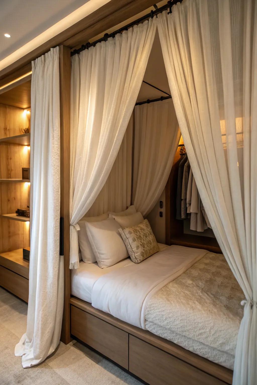 Drapes introduce an element of solitude to your closet sleeping nook.