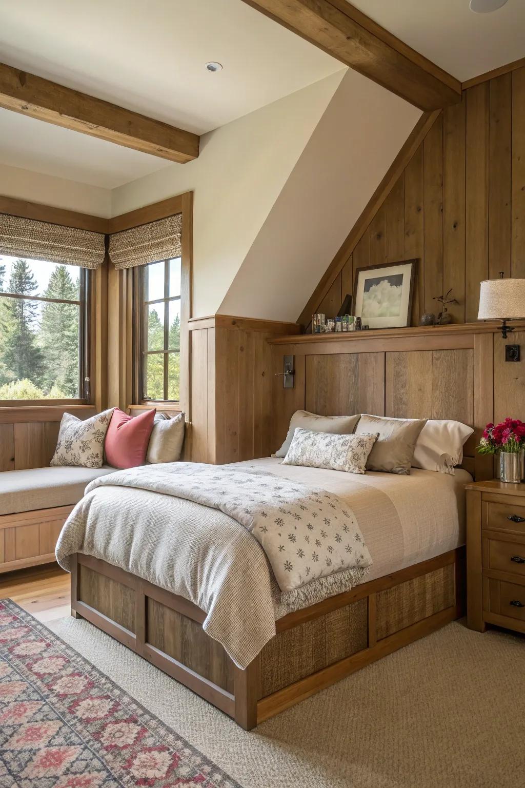 An artful headboard adds sophistication to a corner bed.