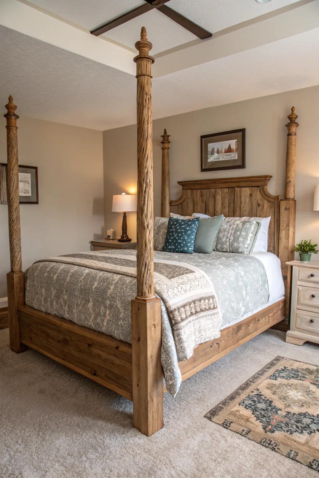 Country bedposts add a countryside allure to the bedroom.