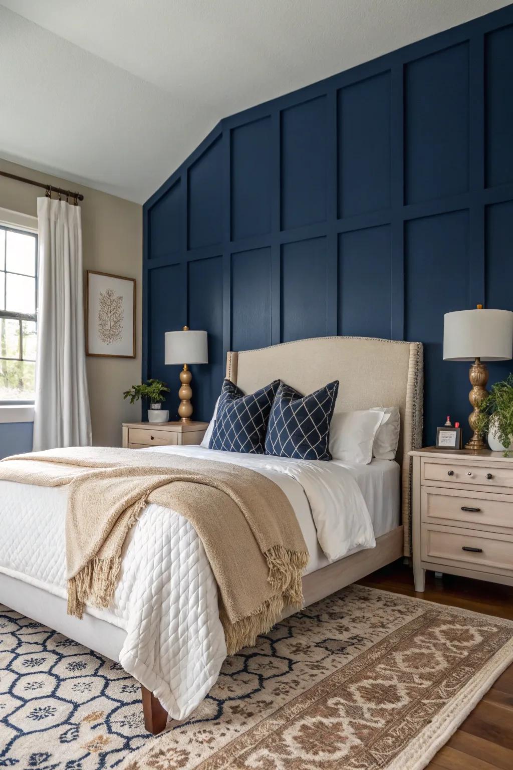 A navy accent wall enriches your bedroom with drama and magnitude.