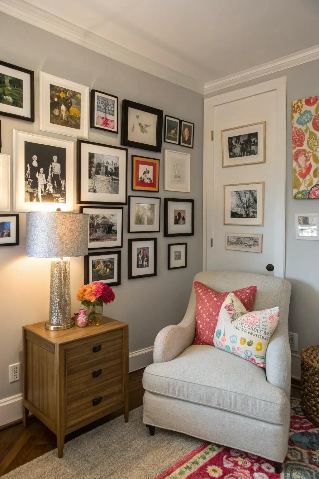 A personal gallery adds character and style to any corner.
