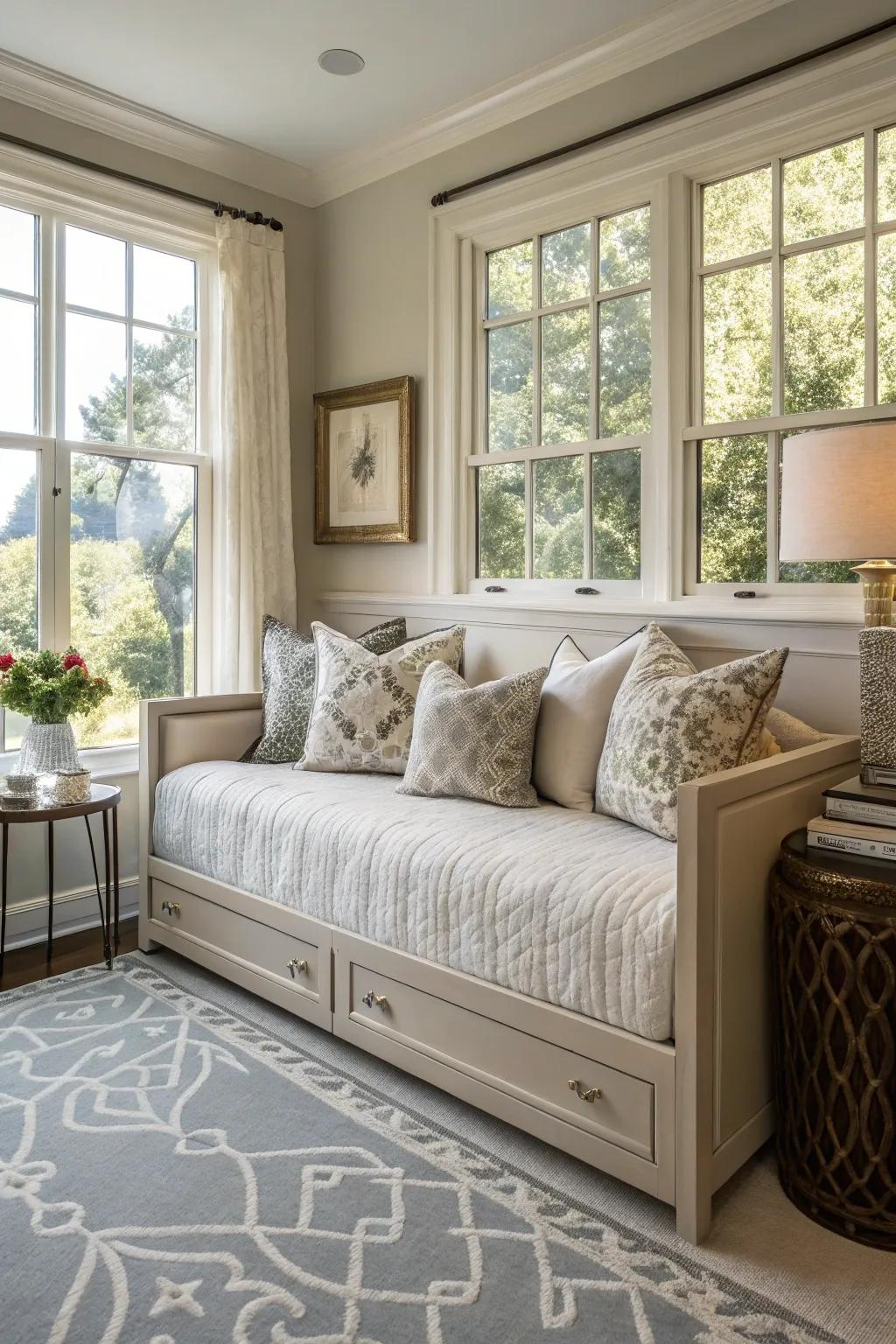 An adaptable rest lounger in a bedroom, providing options for both relaxation and sleep.