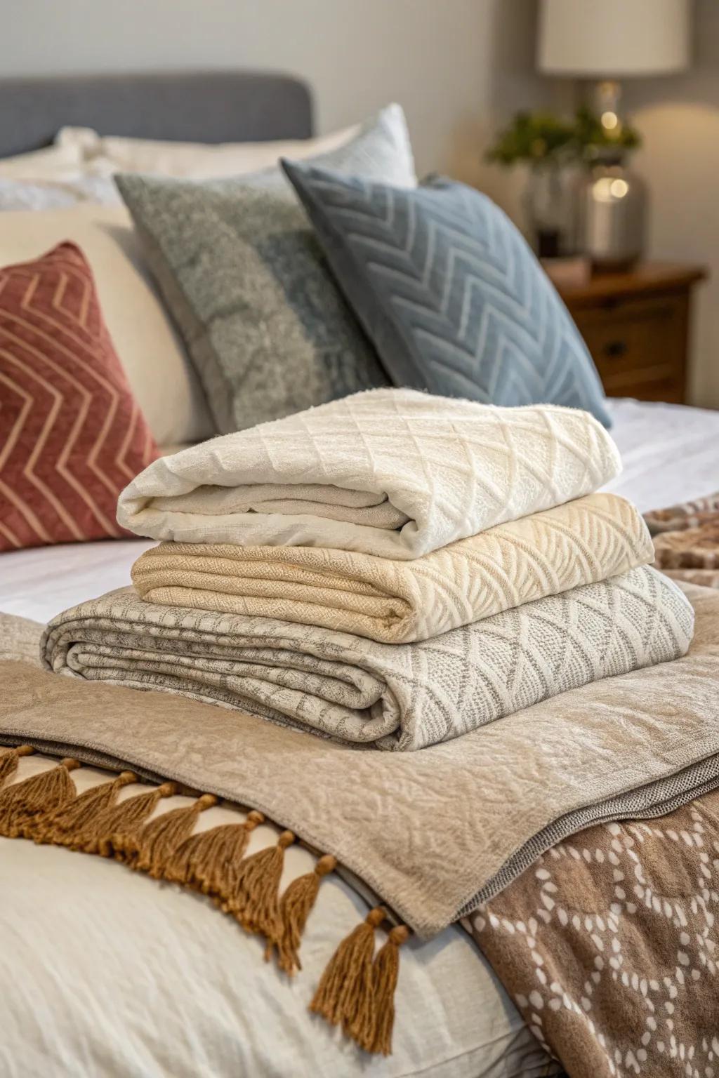 Layered textiles make a snug and inviting bed.