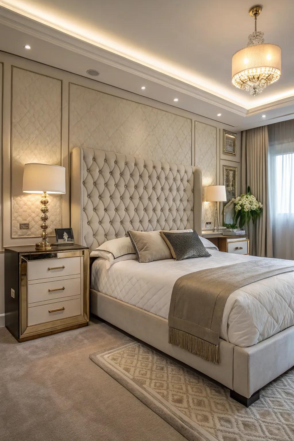 Elegant furnishings contribute sophistication to this fashionable bedroom.