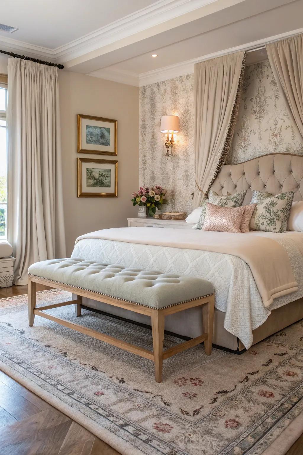 A bed-end bench introduces sophistication and function.