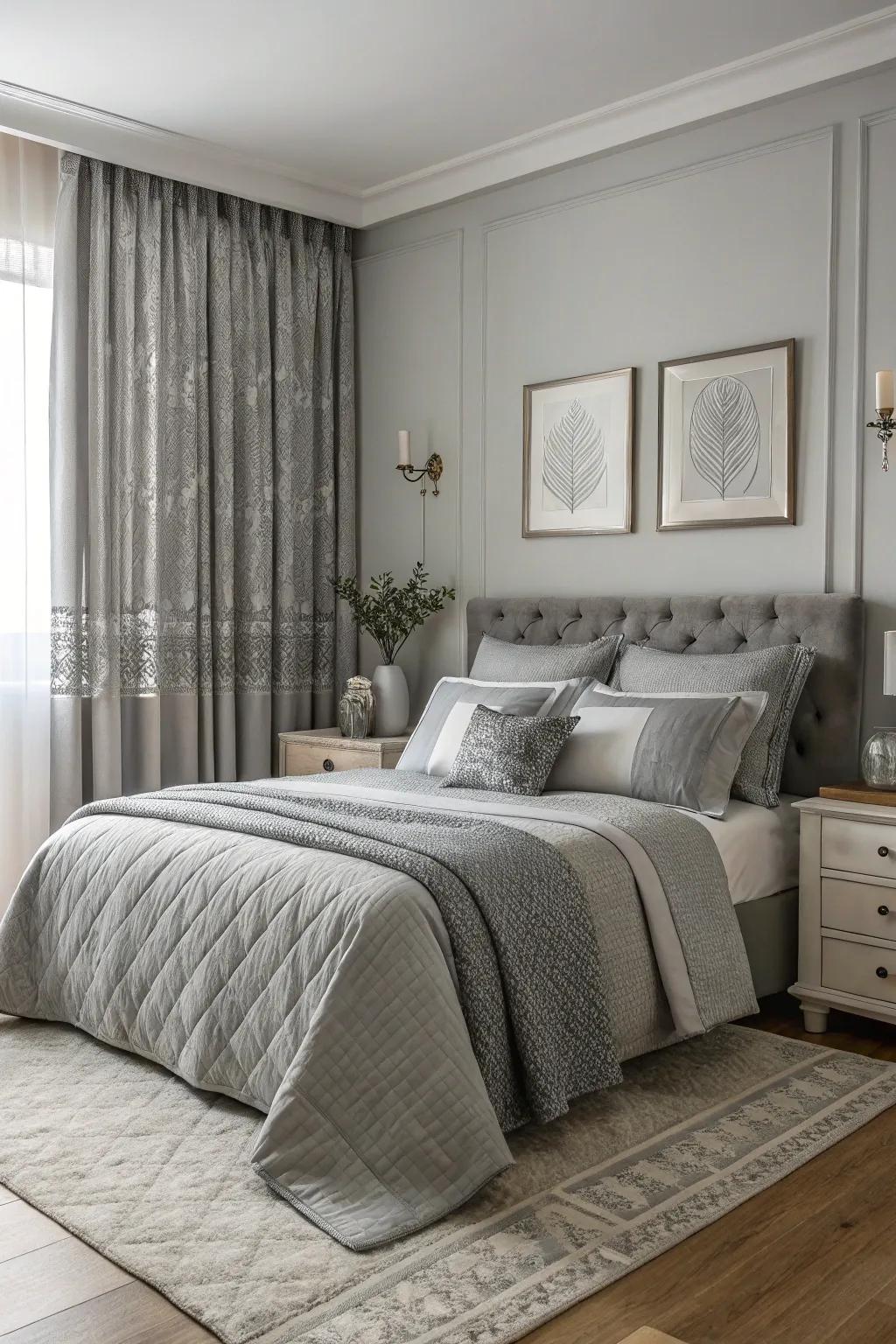 A tranquil bedroom featuring a calming singular color palette.