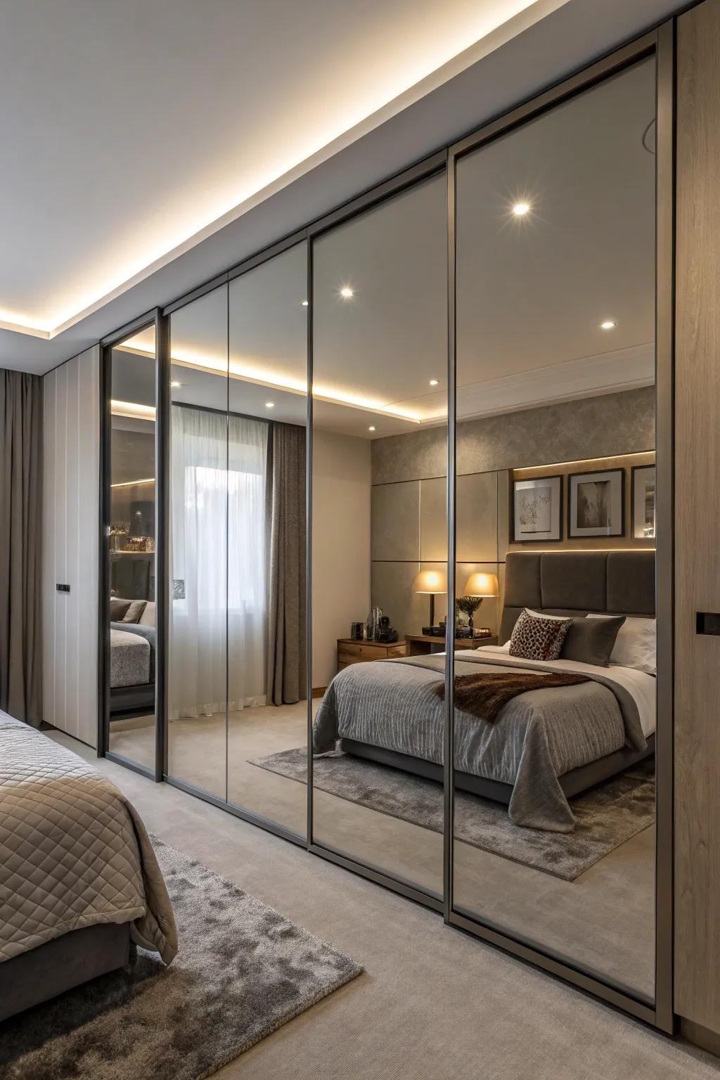 Mirrored closet doors in a bedroom boost both functionality and spatial perception.
