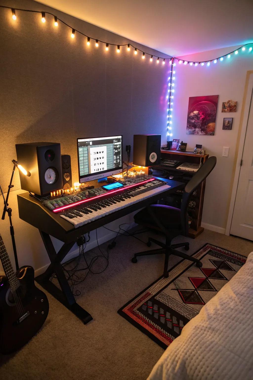 Elevate your creative area with ambient lighting to establish the perfect atmosphere for producing music.