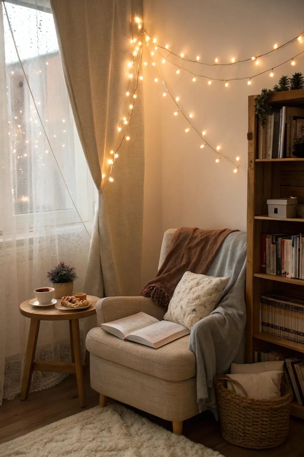 A bedroom nook illuminated by subtle string lights, inspiring a calming atmosphere.